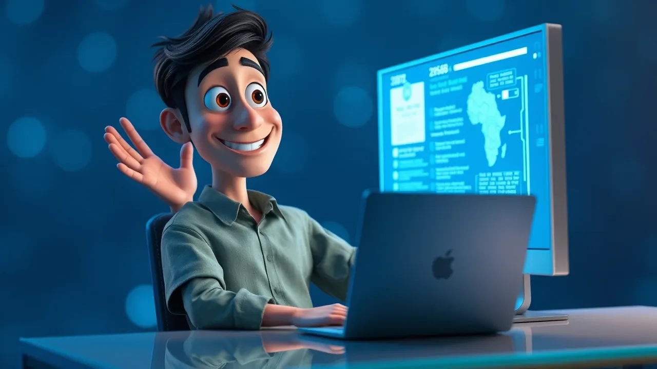 Não-programadora Pixar confortável criando produto digital com ferramentas IA, expressão de confiança, luz azul elétrica