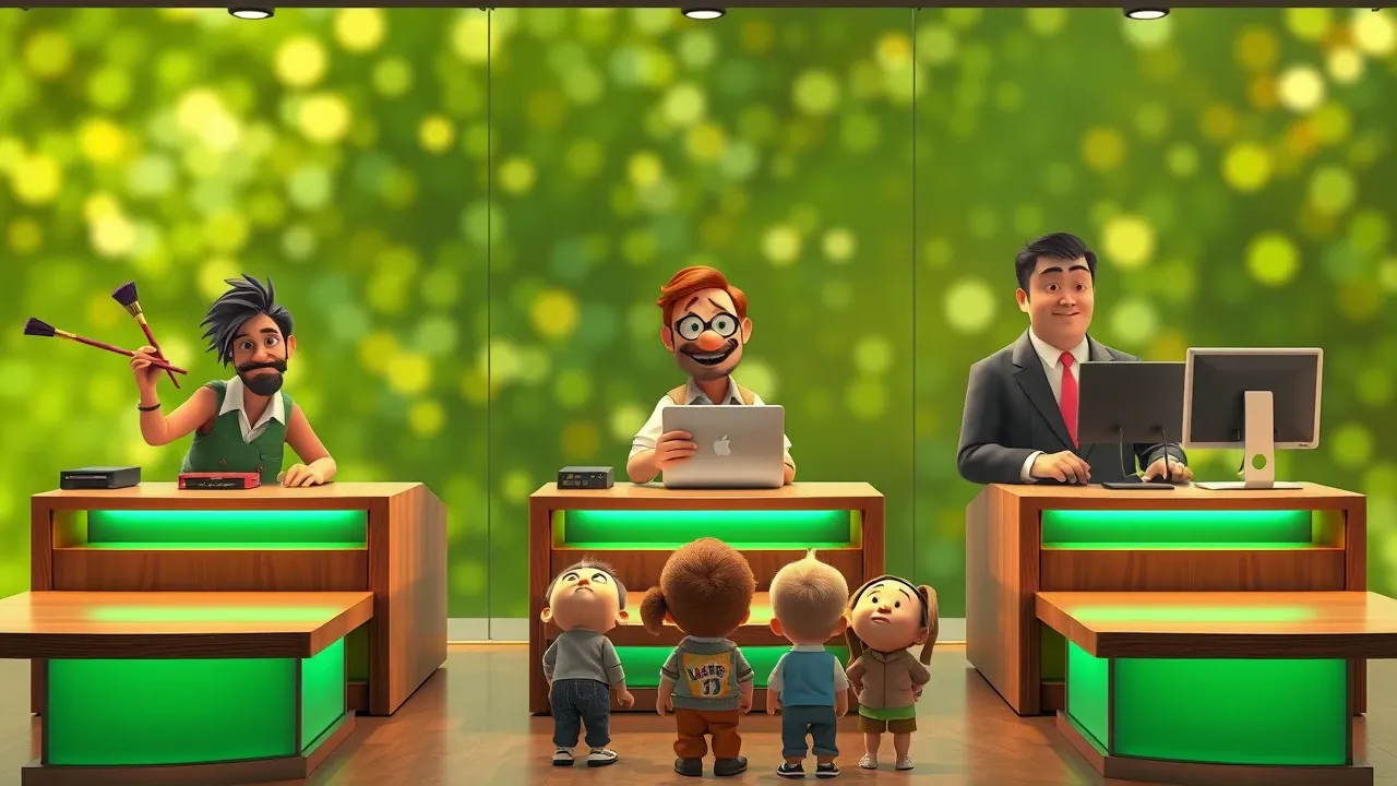 Três balcões Pixar em paralelo, cada um com personagem especialista diferente, público decidindo qual escolher