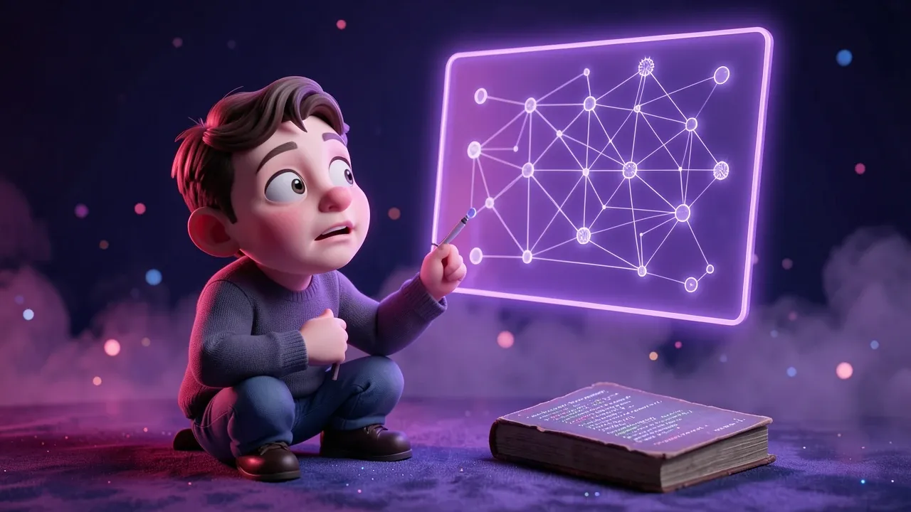 Personagem estudando um mapa de método brilhante enquanto um velho livro de sintaxe fica esquecido no chão