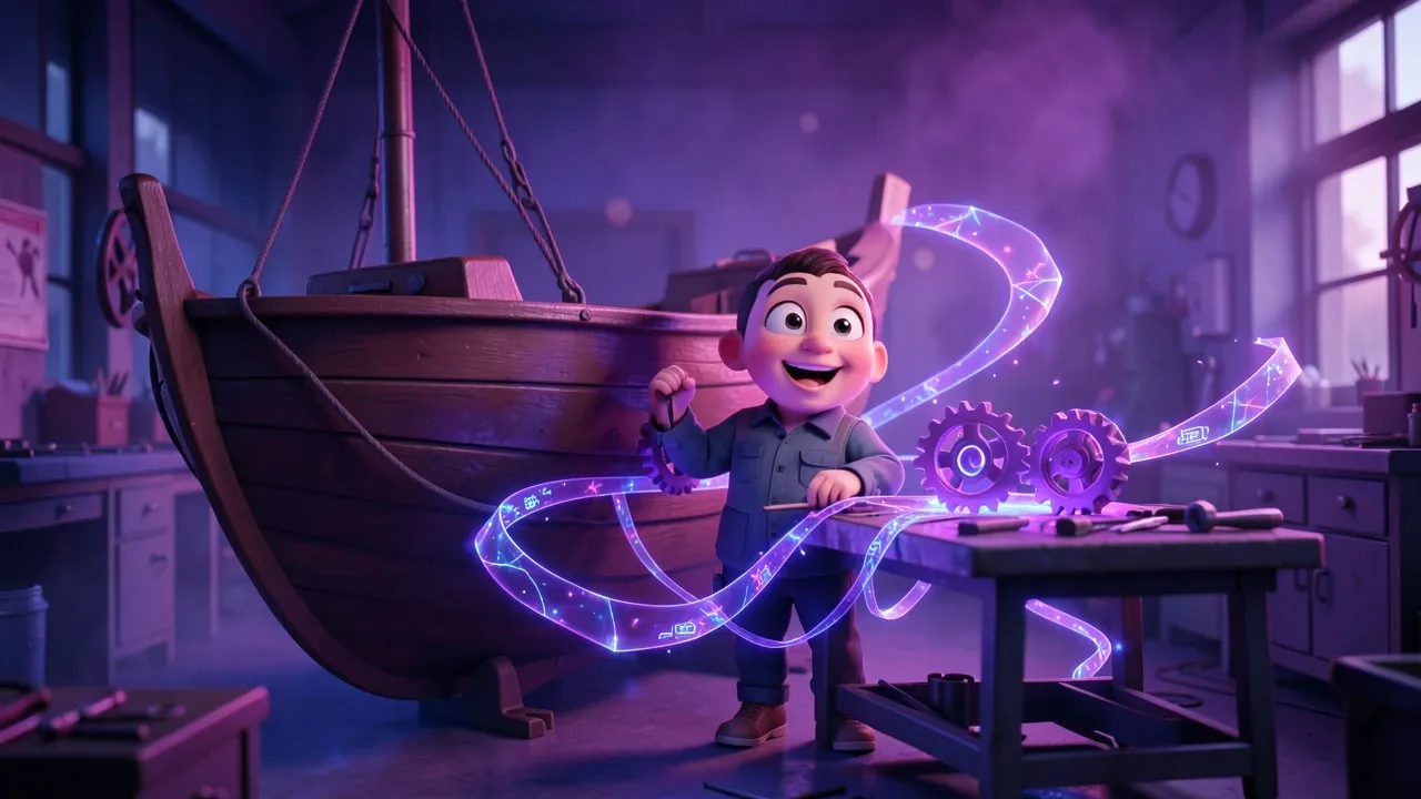 Personagem numa fábrica de barcos, encantado com automações trabalhando sozinhas ao redor