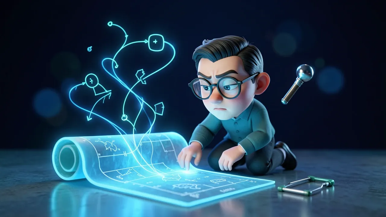 Criador estudando um grande blueprint brilhante enquanto uma ferramenta reluzente flutua ignorada