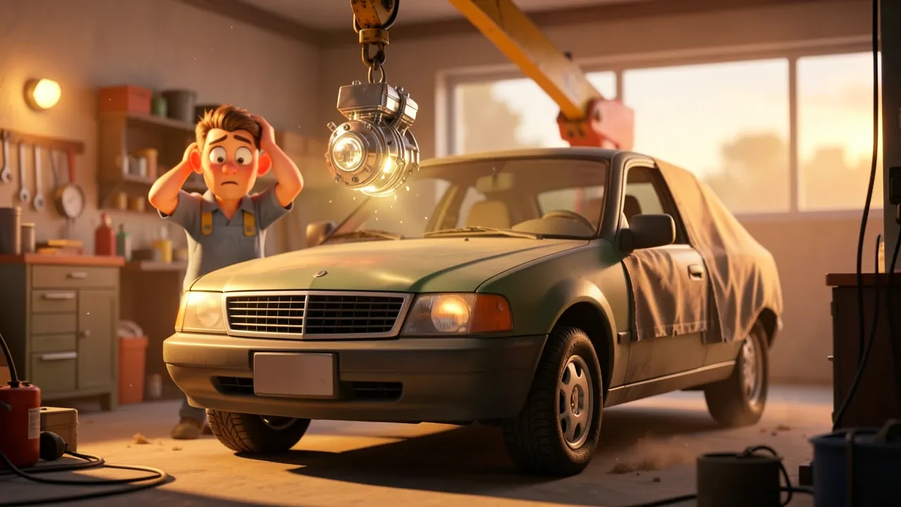 Um motor novo sendo instalado num carro parado e empoeirado numa garagem