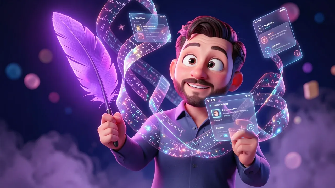Personagem usando uma pena gigante como varinha, criando interfaces a partir de palavras