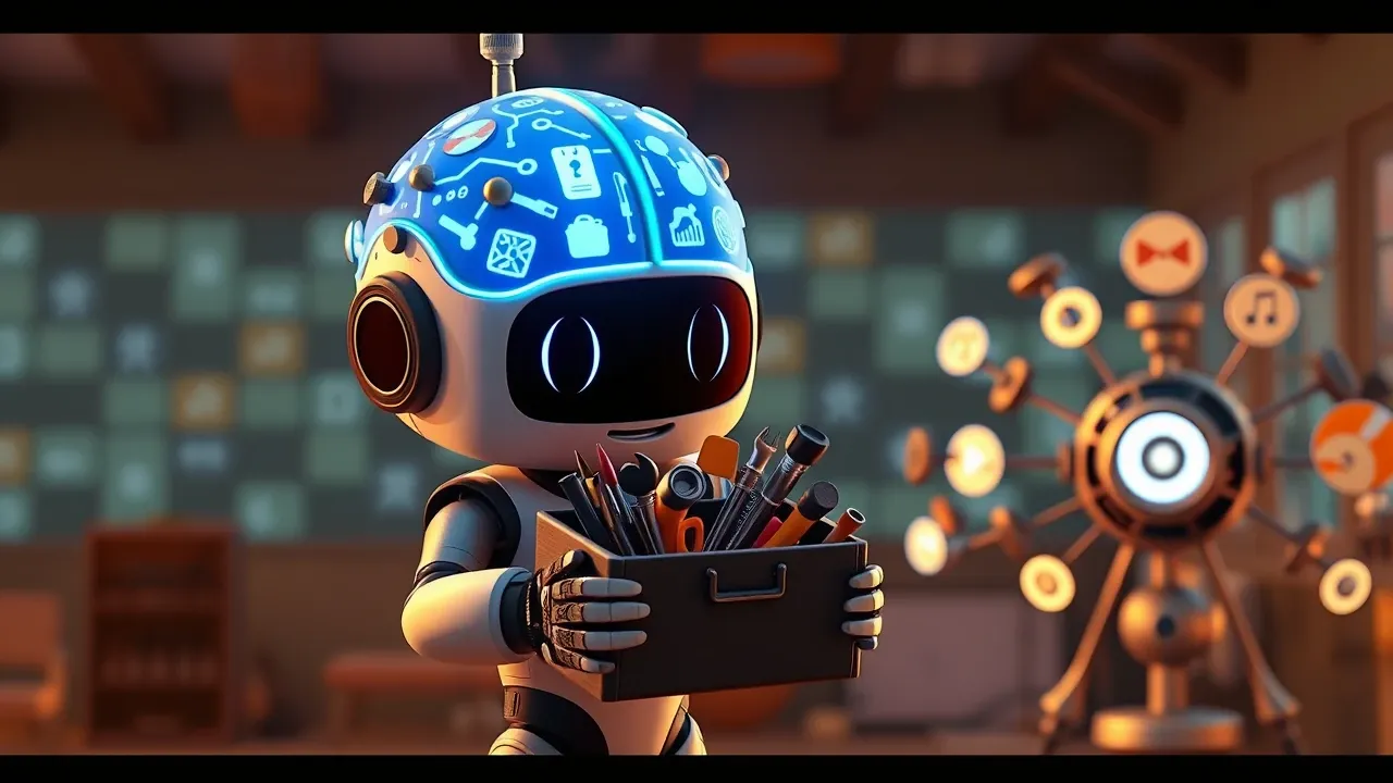 Robô com cabeça em forma de cérebro segurando caixa de ferramentas com ícones de API e conectores