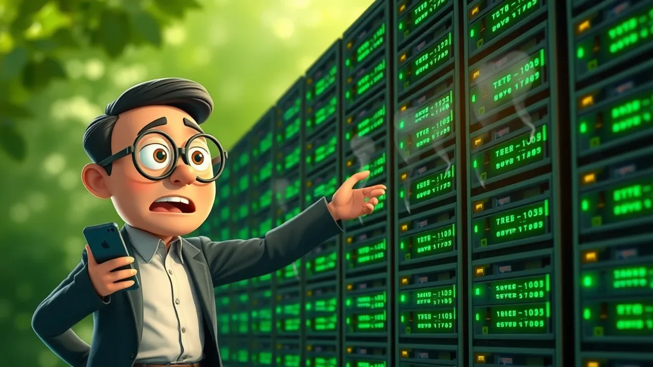 Personagem cartoon de executivo com expressão de espanto segurando um celular enquanto uma fileira de servidores se desliga simultaneamente com baforadas de fumaça