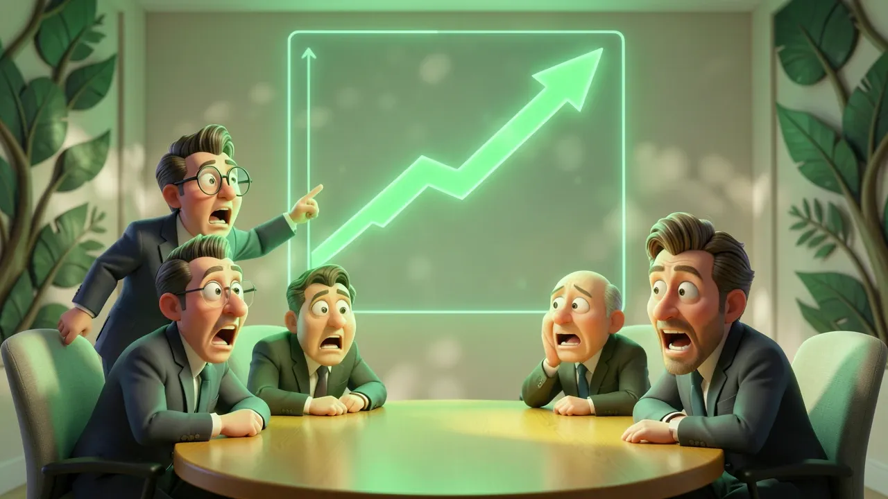 Analista de dados Pixar 3D com expressão de surpresa teatral apontando para um gráfico holográfico com curva que sobe em verde esmeralda, executivos ao redor com expressões de espanto, em ambiente corporativo com luz verde suave e destaques dourados