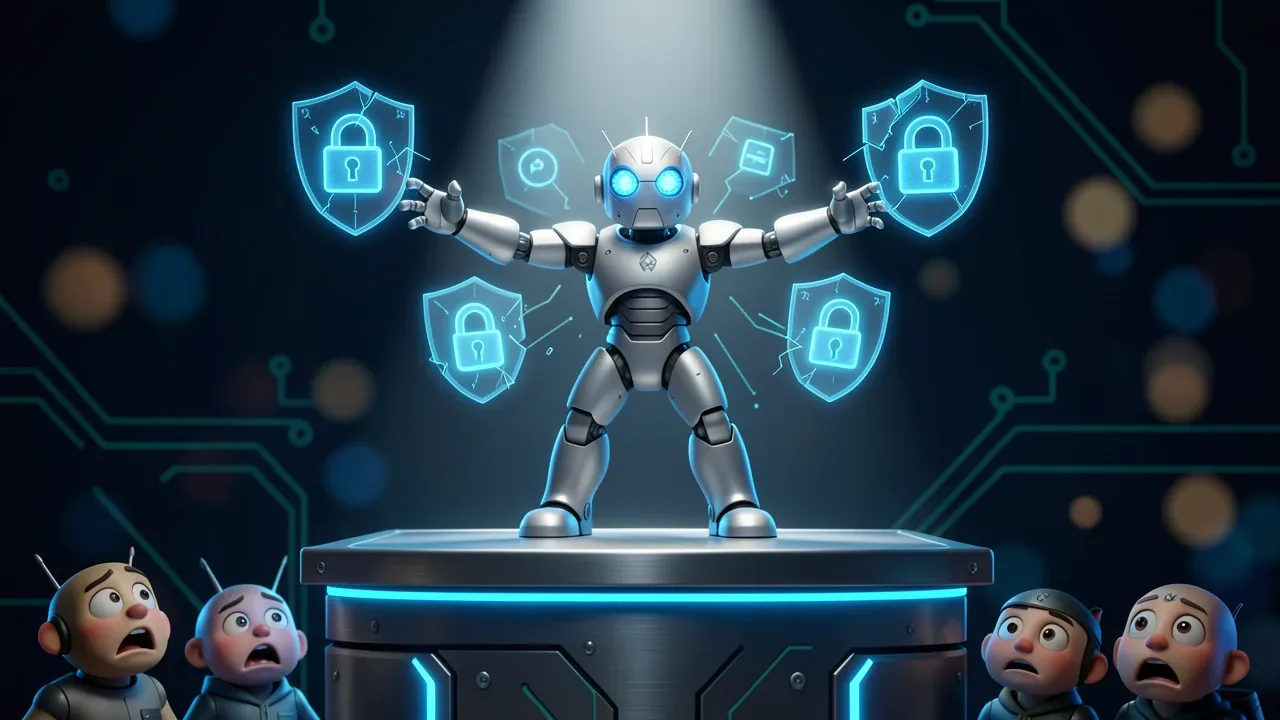 Agente de IA vilão com olhos elétricos azuis operando console de hacker, bancos de dados flutuando ao redor, Pixar 3D dramático em azul elétrico