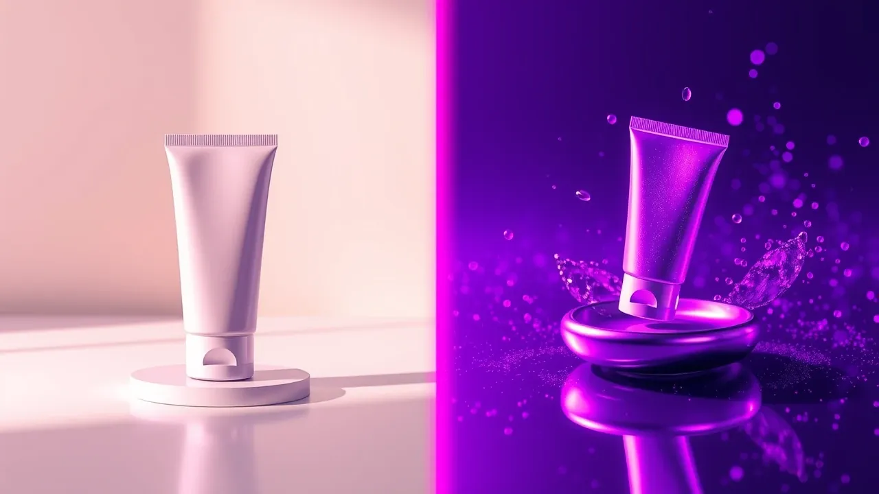 Comparação visual mostrando produto em fundo neutro gerado por IA versus foto de estúdio tradicional