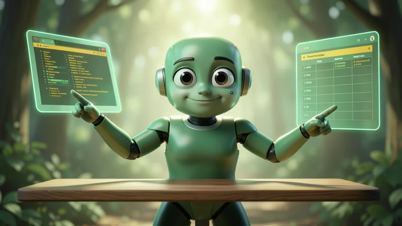 Personagem IA Pixar 3D com múltiplos braços usando terminal, browser e quadro de planejamento ao mesmo tempo, expressão de eficiência calma e confiante
