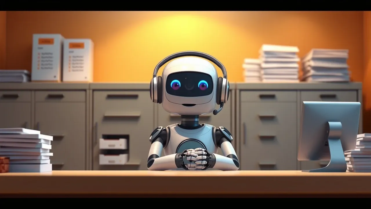 Robô de atendimento com headset sentado passivamente atrás de uma mesa com pilhas de documentos