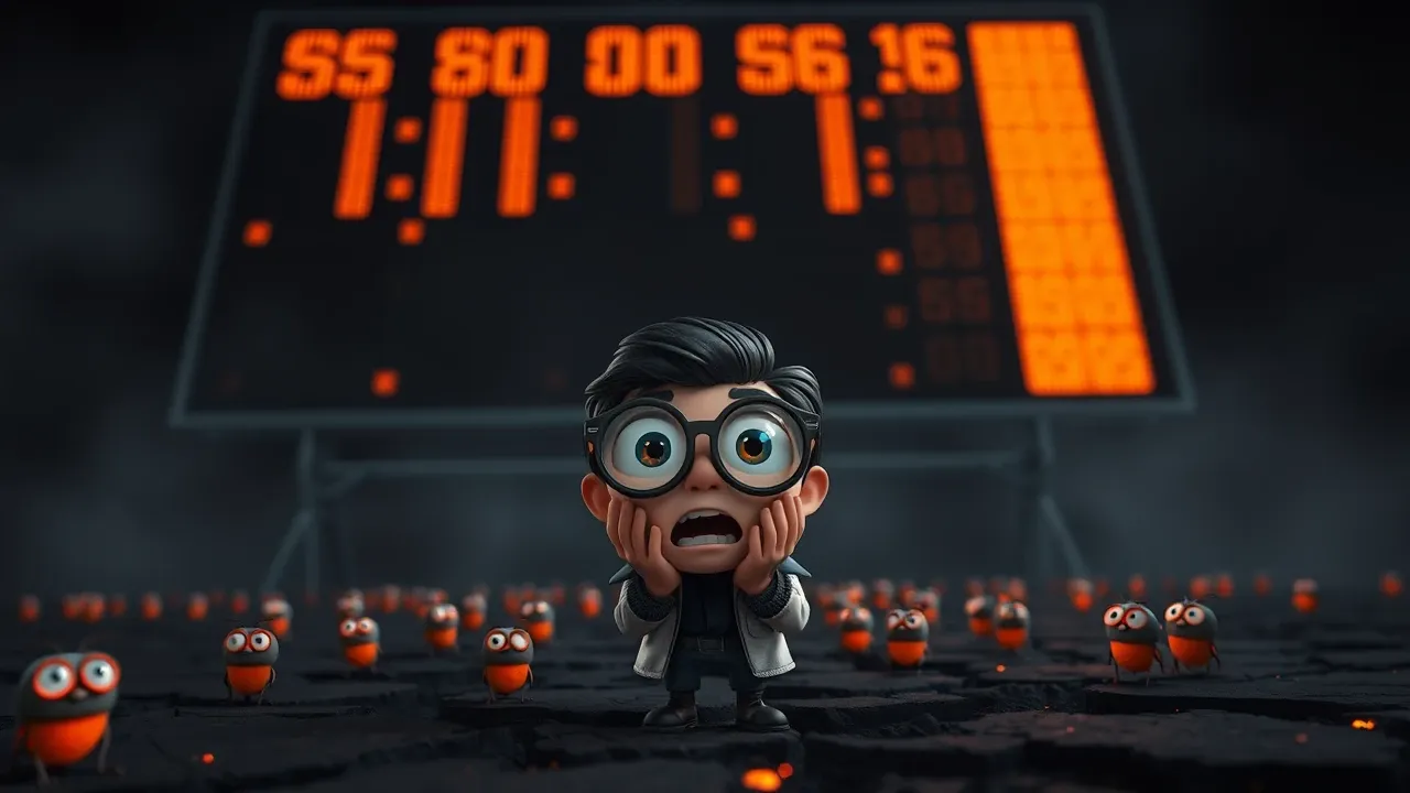 Pesquisador de segurança em choque diante de um placar gigante mostrando números impossíveis de bugs encontrados
