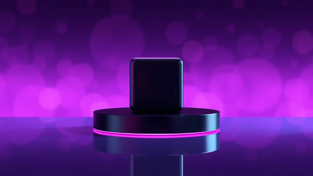 Produto flutuando sobre fundo gradiente violeta profundo com reflexo sutil no chão