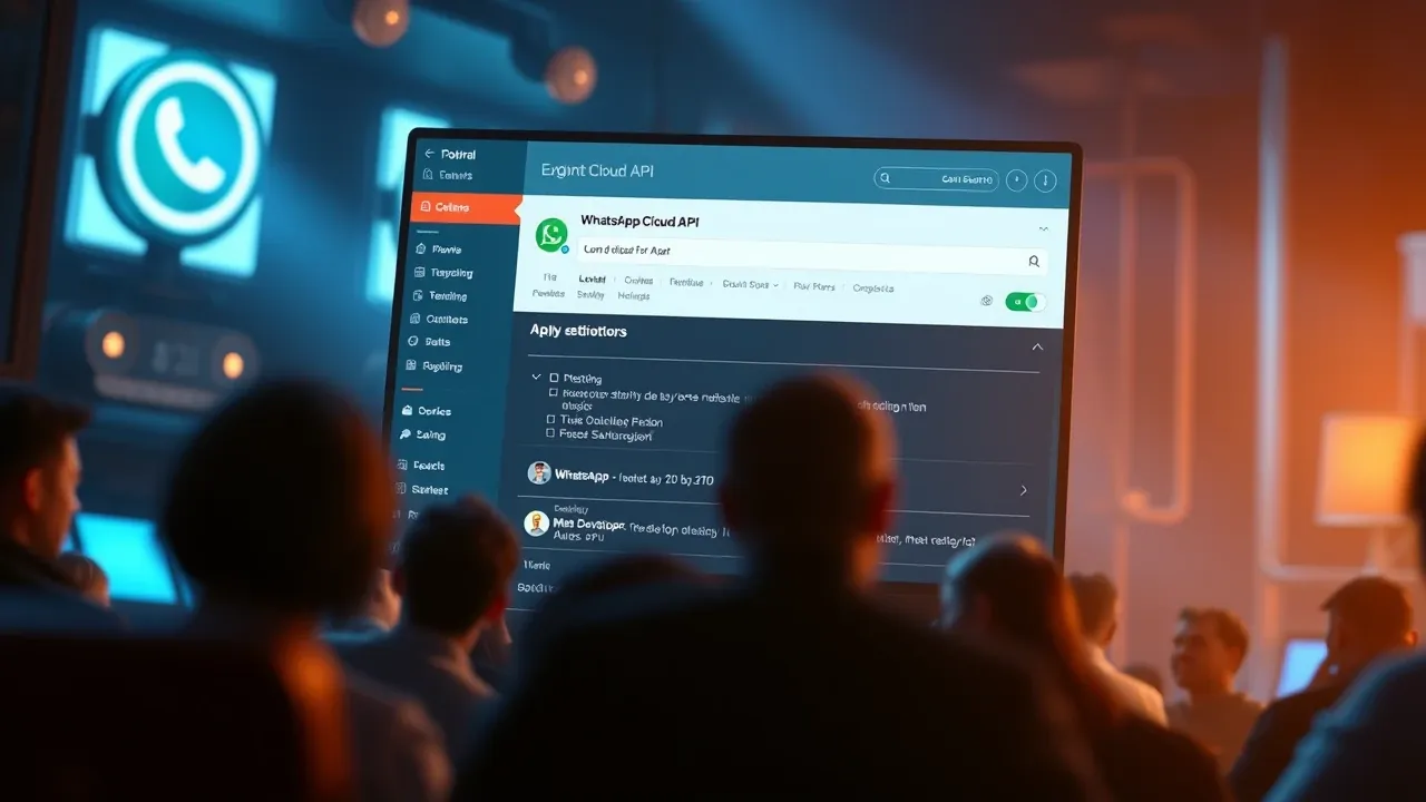 Tela do painel de desenvolvedor Meta mostrando configuração da Cloud API do WhatsApp, estilo editorial técnico