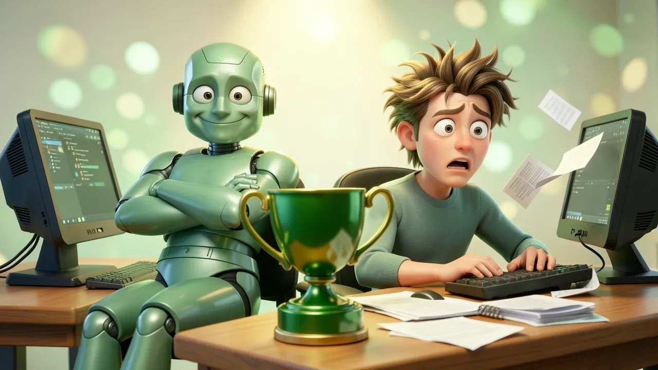 Robô IA Pixar 3D sentado calmo com mãos cruzadas enquanto personagem humano em pânico ainda digita ao lado, troféu esmeralda gigante no centro