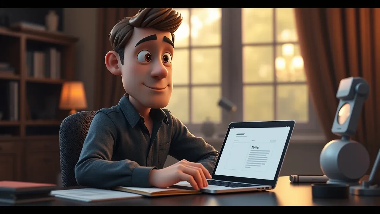 Personagem em mesa com caderno de anotações e laptop aberto mostrando wireframe simples de aplicativo, luz da manhã pela janela
