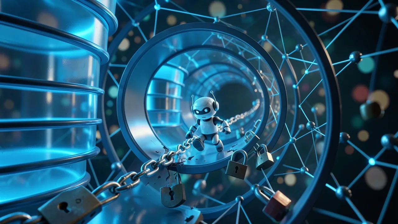 Fases de ataque autônomo de IA atravessando camadas de banco de dados e rede, Pixar 3D azul elétrico dramático, perspectiva cinemática