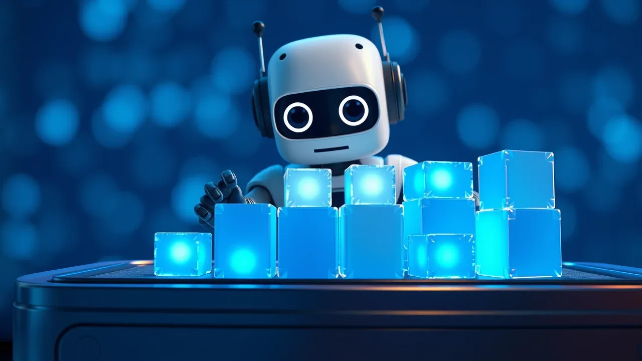 Robô organizador classificando cubos coloridos por tamanho e urgência em espaço minimalista azul elétrico