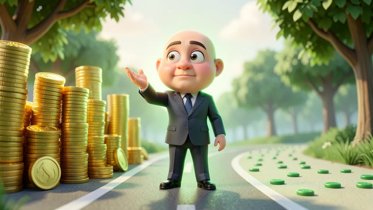 Executivo Pixar 3D em uma bifurcação de estrada, olhando com expressão pensativa para dois caminhos: um com símbolos de moeda dourada cara, outro com moedas verdes simples e acessíveis, em cenário com luz verde esmeralda e fundo em cream suave