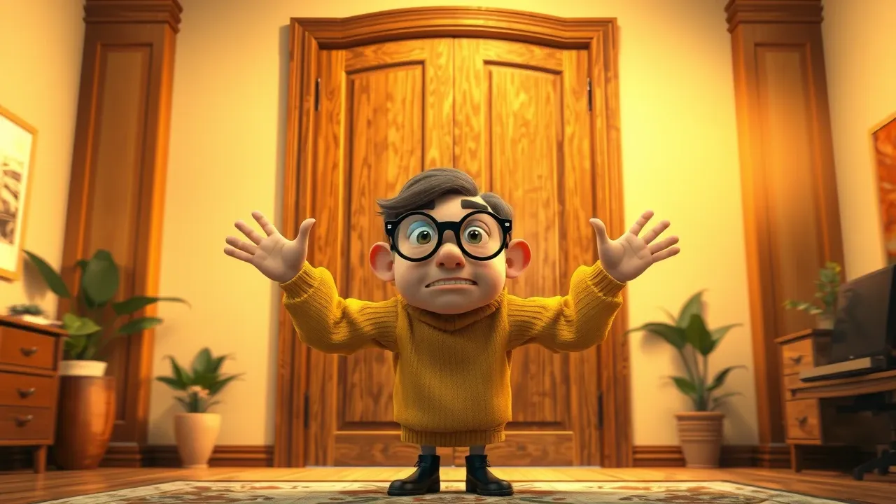 Personagem cartoon abrindo e fechando uma porta gigante com expressão confusa, em estilo Pixar dramático