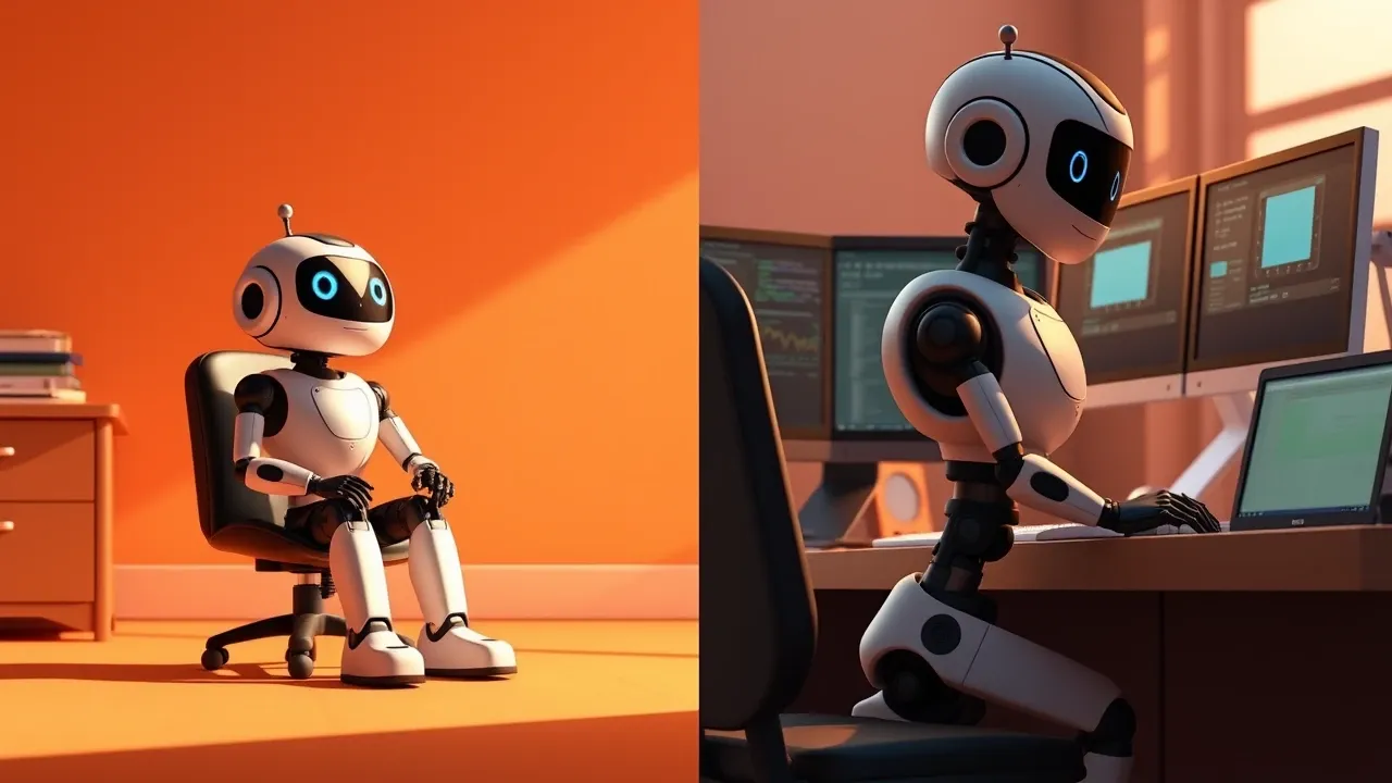 Cena dividida mostrando robô passivo esperando à esquerda e robô ativo trabalhando em múltiplos monitores à direita
