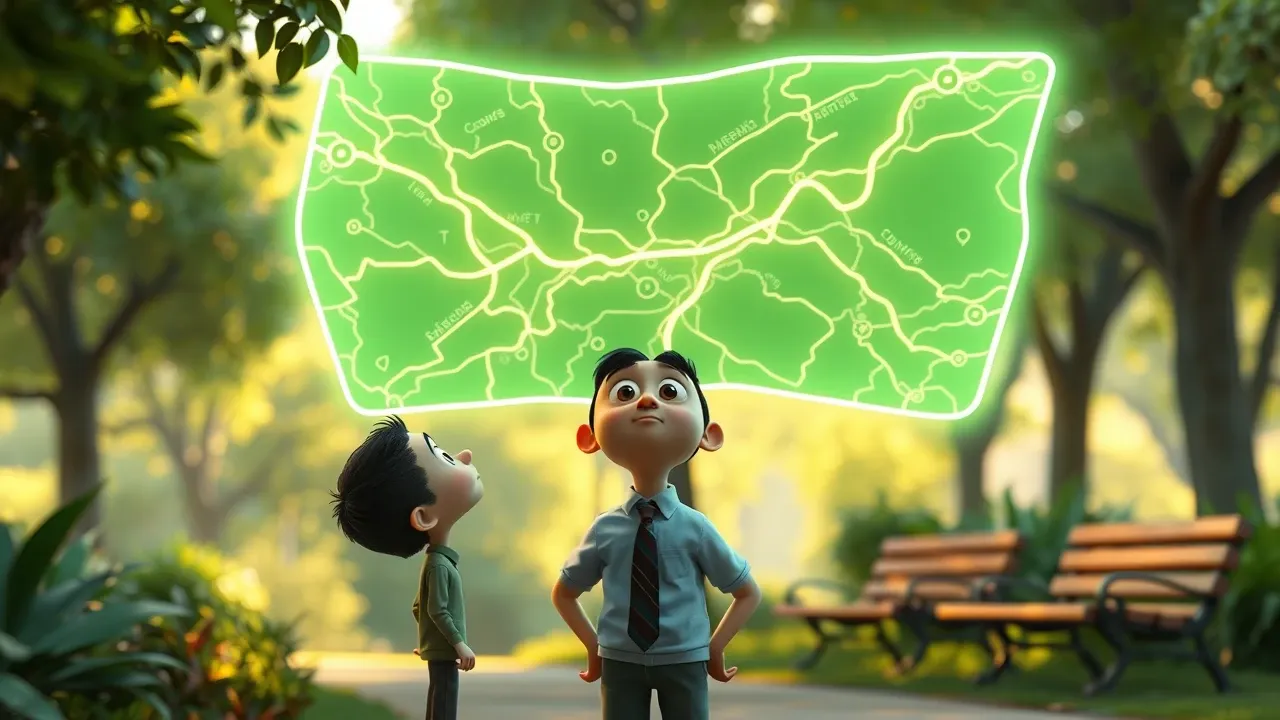 Personagem olhando para um mapa com rotas complexas se ramificando