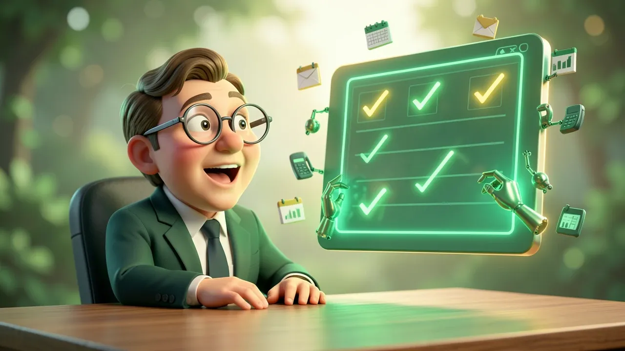 Dono de negócio Pixar 3D com óculos, sentado em mesa de madeira, assistente IA holográfico esmeralda ao lado, quadro de tarefas sendo completado em alta velocidade, expressão de alívio e satisfação