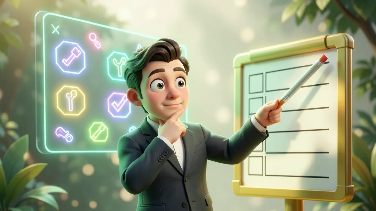 Dono de empresa Pixar 3D com expressão de decisão estratégica analisando um painel com diferentes logos de ferramentas de IA flutuando como opções, checklist ao lado, em escritório com luz verde esmeralda suave e destaques em amarelo mostarda