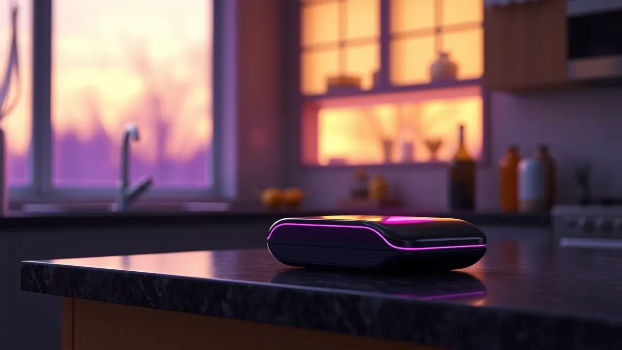 Produto posicionado naturalmente em ambiente de uso cotidiano com iluminação ambiente violeta e magenta