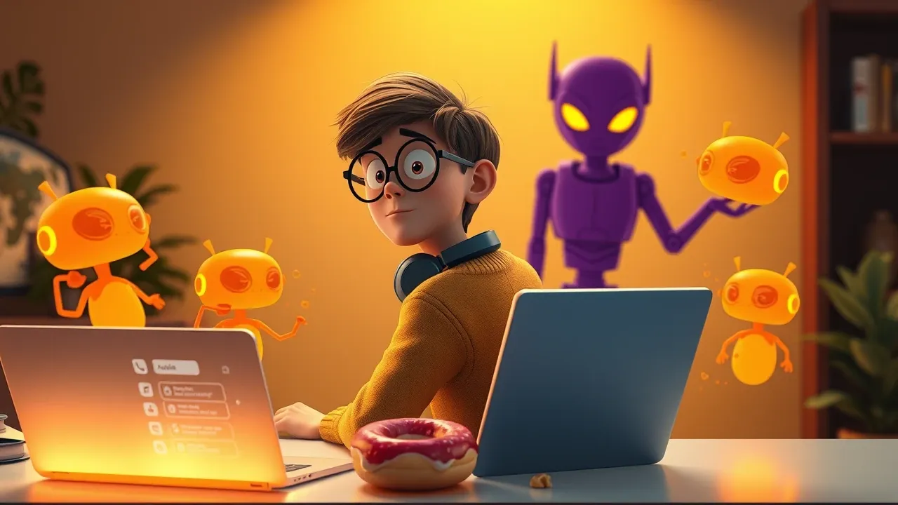 Personagem vibe coder com óculos redondos grandes em um escritório iluminado descobrindo uma sombra ameaçadora atrás de um dos seus assistentes de IA brilhantes em laranja, expressão Pixar de surpresa