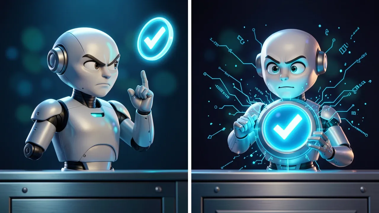 Agente IA Pixar 3D lendo erro de sistema e reformulando solução em tempo real, código flutuando em azul elétrico dramático