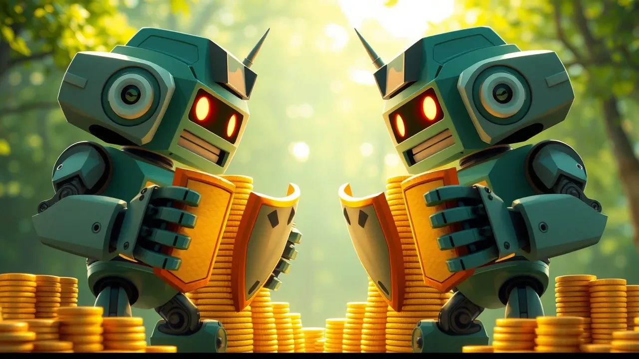 Dois personagens robot cartoon em postura de standoff teatral, cada um segurando um escudo estilizado, com pilhas de moedas de ouro cartoon brilhando ao fundo em luz esmeralda e dourada
