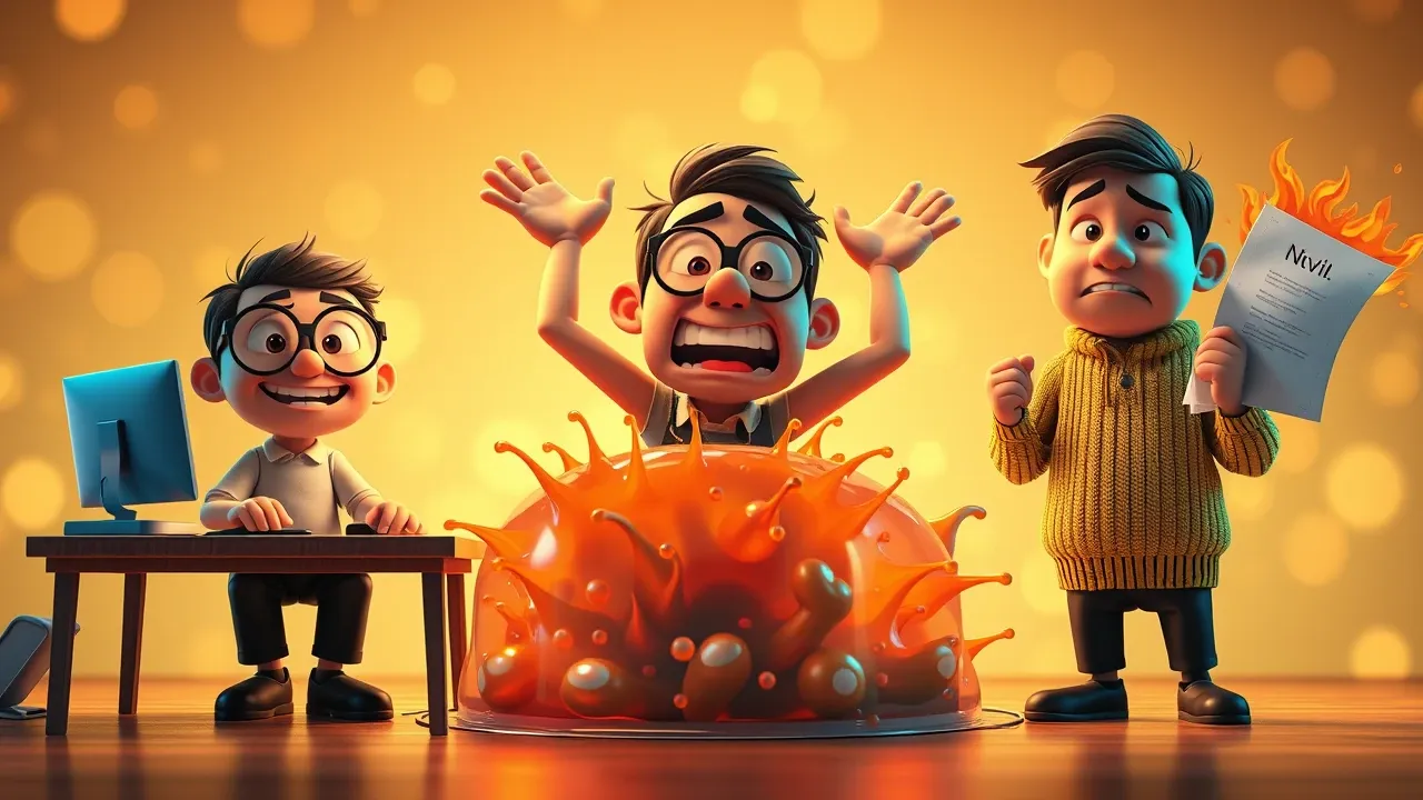 Três personagens cartoon em situações distintas: um relaxado no terminal, um suando no servidor, um olhando boleto, estilo Pixar