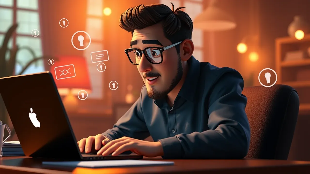 Empreendedor enviando mensagens de prospecção em laptop com ícones de conexão e rede ao redor, estilo Pixar 3D