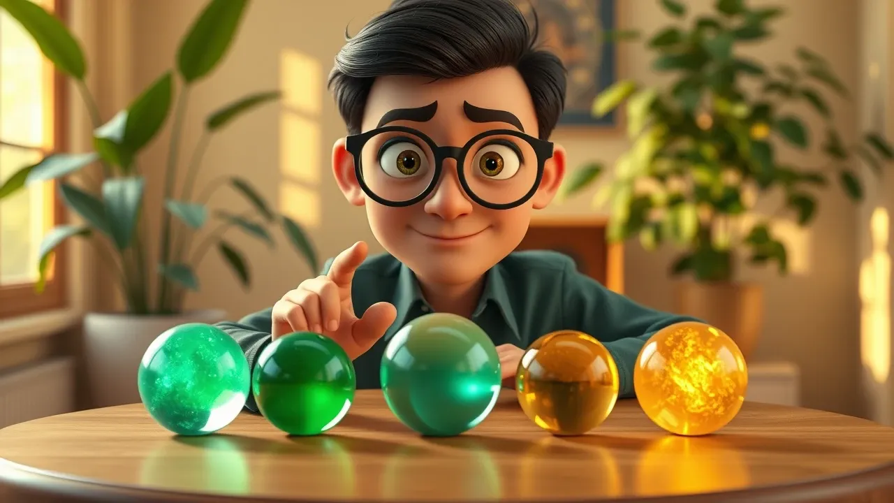 Personagem cartoon empreendedora confiante sentada a uma mesa redonda com cinco orbes de cristal luminosos em tons esmeralda e dourado, cada um representando um modelo de IA diferente, em cenário de escritório aconchegante com planta sage no fundo