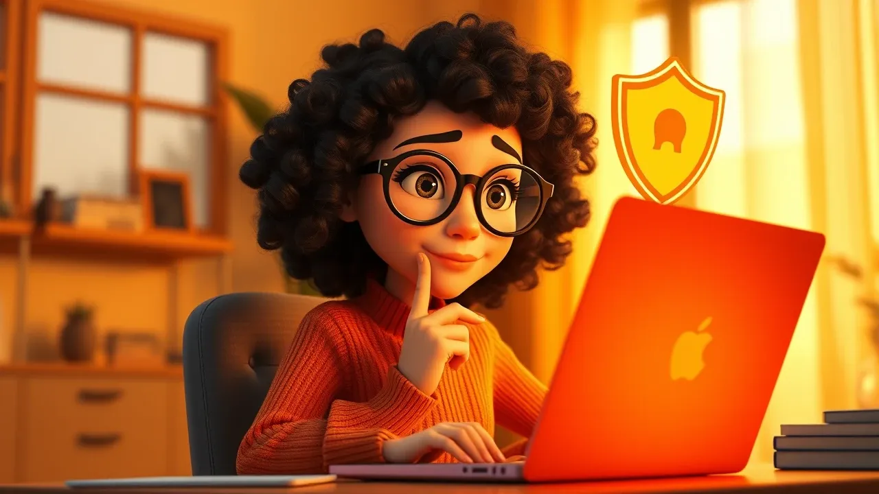 Criadora com óculos redondos grandes e expressão de vigilância Pixar inspecionando arquivos de configuração num laptop com luz quente dourada num escritório aconchegante iluminado em tons âmbar