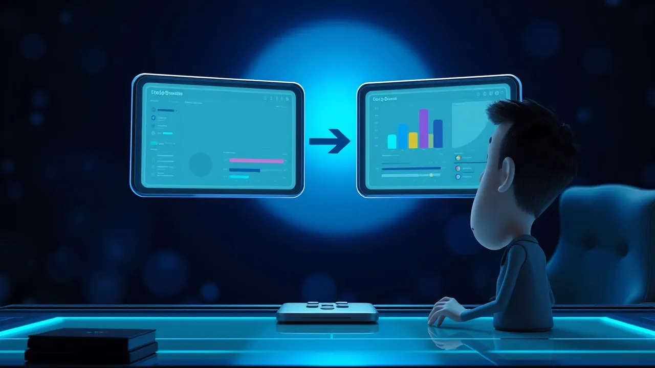 Telas de ClickUp e Todoist flutuando em holograma azul com setas de prioridade e etiquetas de cor