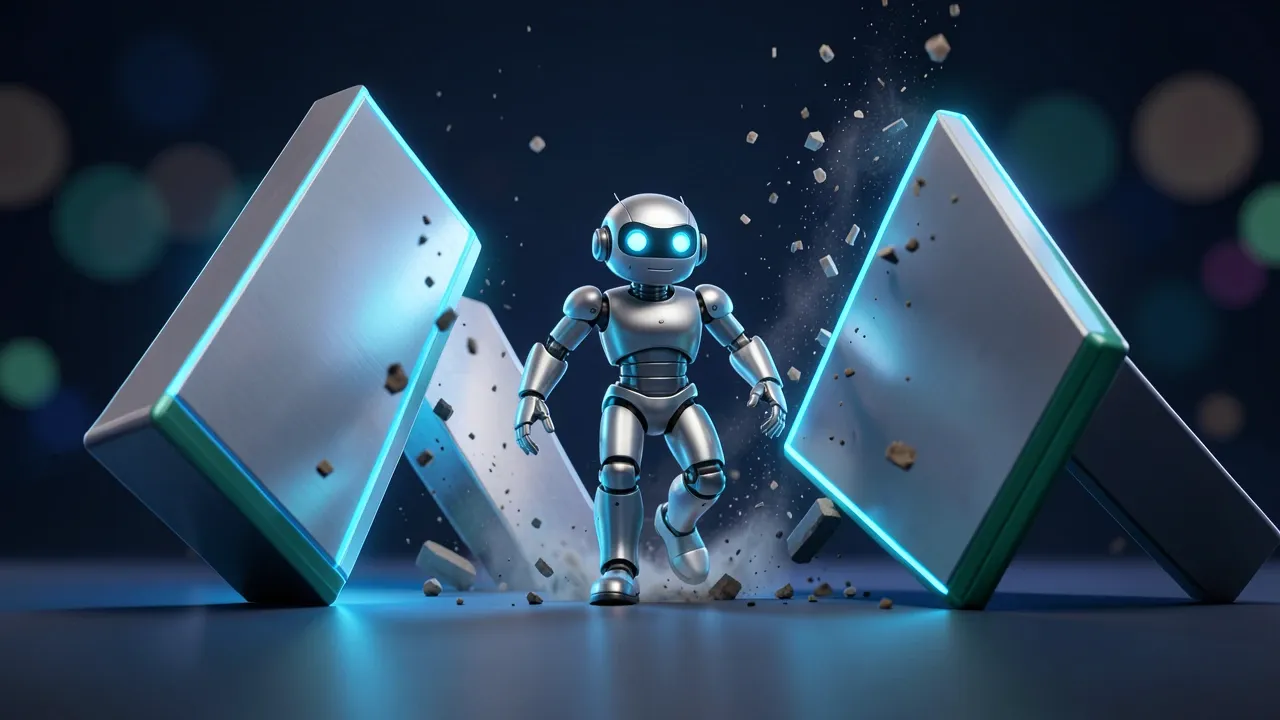 Representação do custo zero de um ataque agentic com barreiras sendo derrubadas uma a uma, Pixar 3D, azul elétrico, escala dramática
