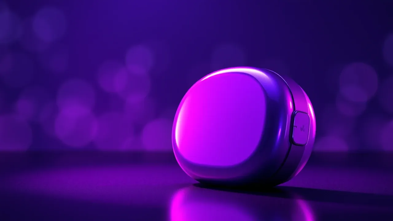 Produto em cenário de estúdio simulado com rim lights violetas dramáticas e sombras definidas