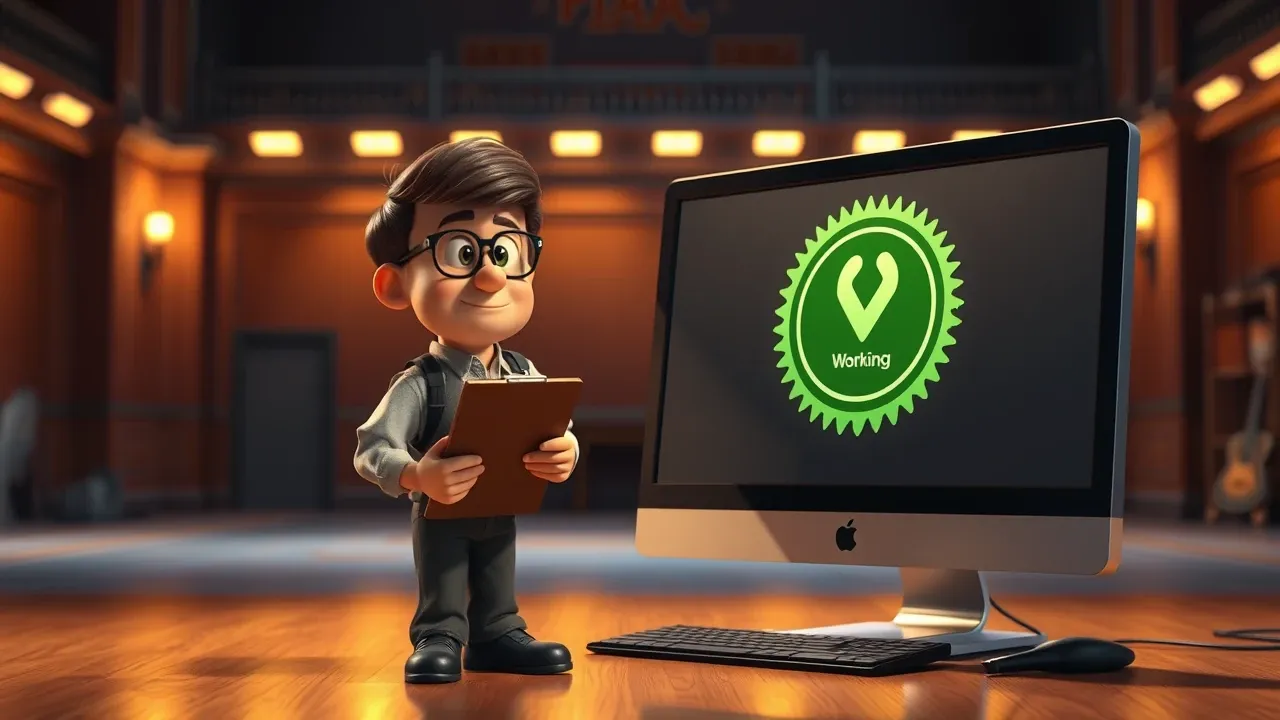 Personagem em postura de inspeção com checklist em prancheta, tela de computador mostrando app funcionando com selo de verificação verde