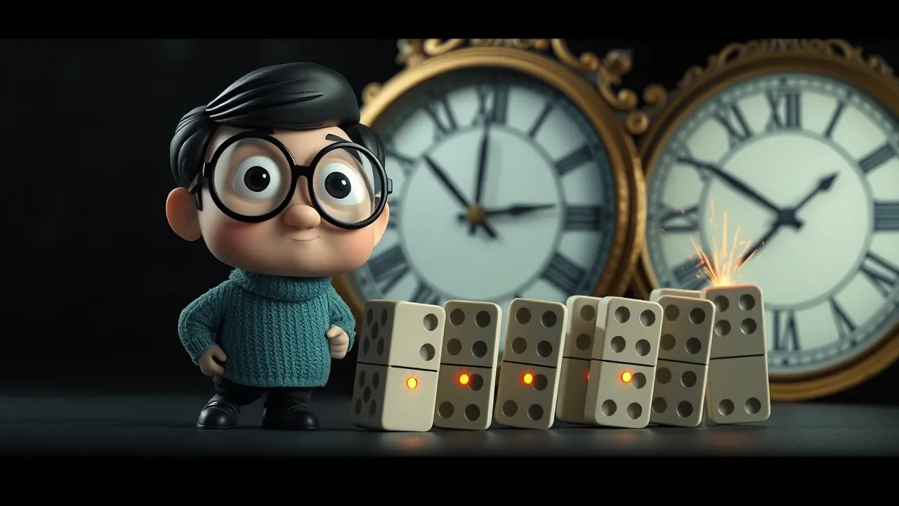 Ilustração Pixar 3D de relógio e peças de dominó caindo em sequência representando progresso gradual, estilo sage emerald