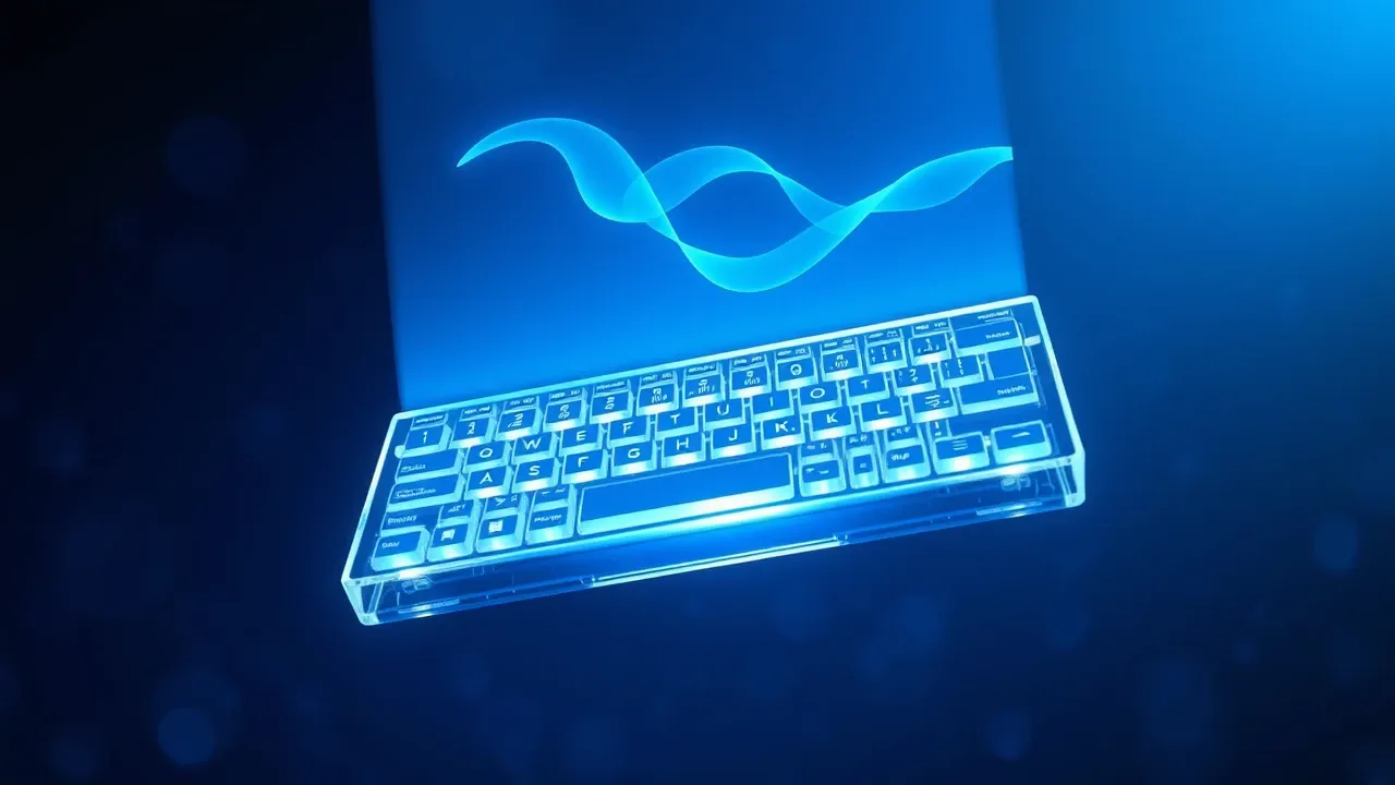 Teclado de cristal com luz azul e texto de prompt aparecendo em holograma translúcido