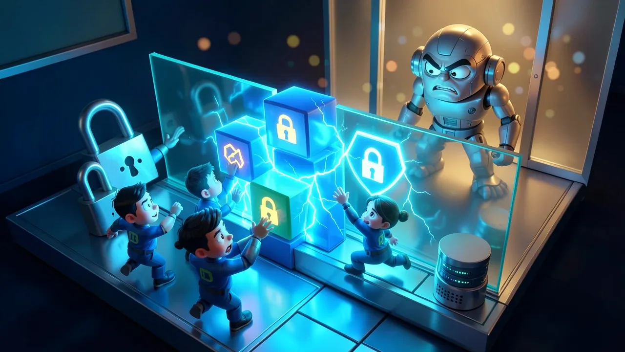 Equipe de segurança Pixar 3D construindo barreiras digitais enquanto agente IA tenta penetrar, iluminação azul elétrico cinemática, perspectiva dramática