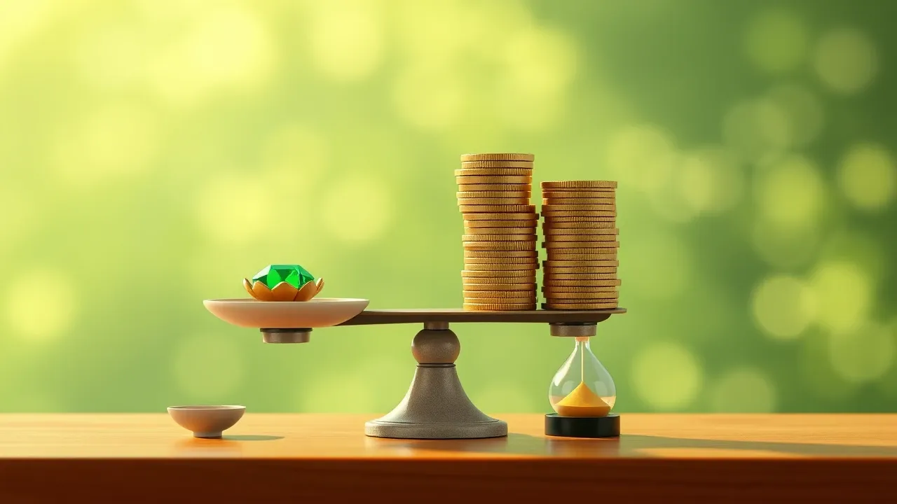 Duas balanças comparando pilas de moedas com relógio ao lado, luz verde suave