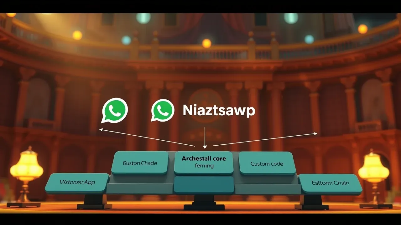 Diagrama de arquitetura mostrando WhatsApp conectado a n8n, LangChain e código customizado, estilo editorial técnico