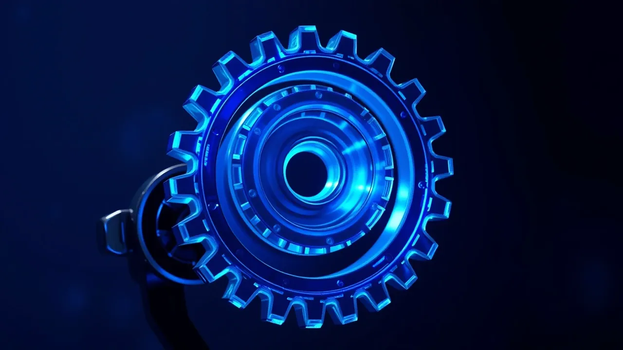 Engrenagem de cristal girando em loop silencioso dentro de ambiente azul profundo e limpo