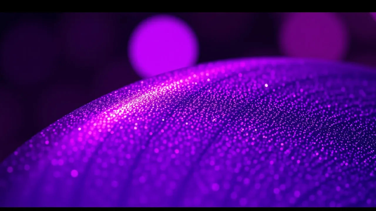 Macro fotografia de textura de produto com foco extremo, iluminação violeta e detalhe de material iridescente