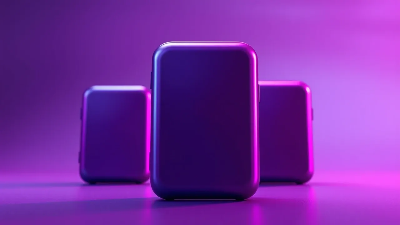 Grade de variações do mesmo produto em três ângulos diferentes com paleta violeta e magenta consistente