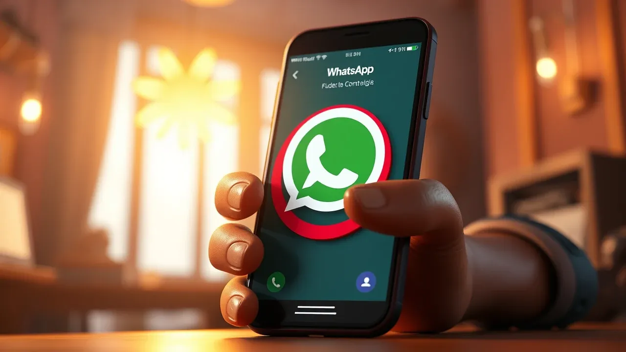 Ilustração de sinal de alerta vermelho sobre smartphone com WhatsApp, estilo editorial dramático
