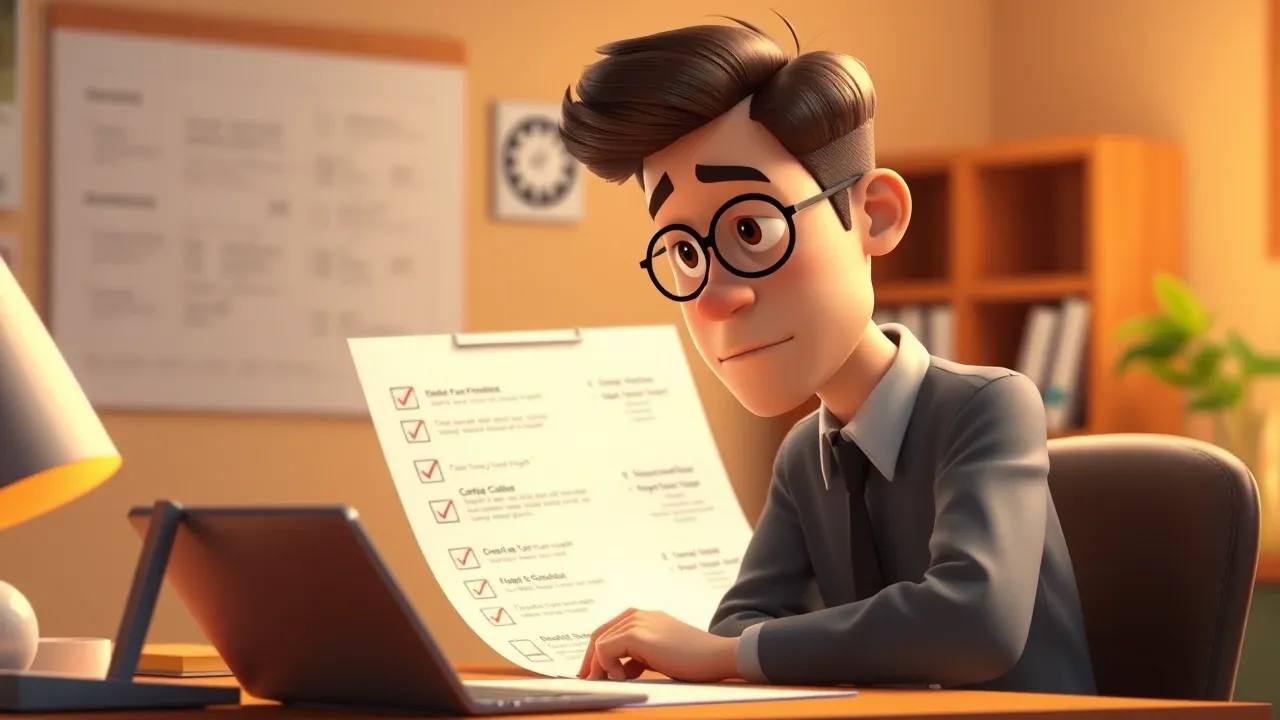 Empresário sentado à mesa analisando checklist e fluxograma de processos