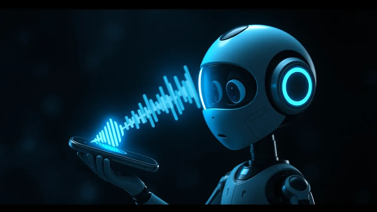 Personagem Pixar 3D transcrevendo áudio de WhatsApp em texto, cena de laboratório futurista, paleta charcoal noir com acento ciano